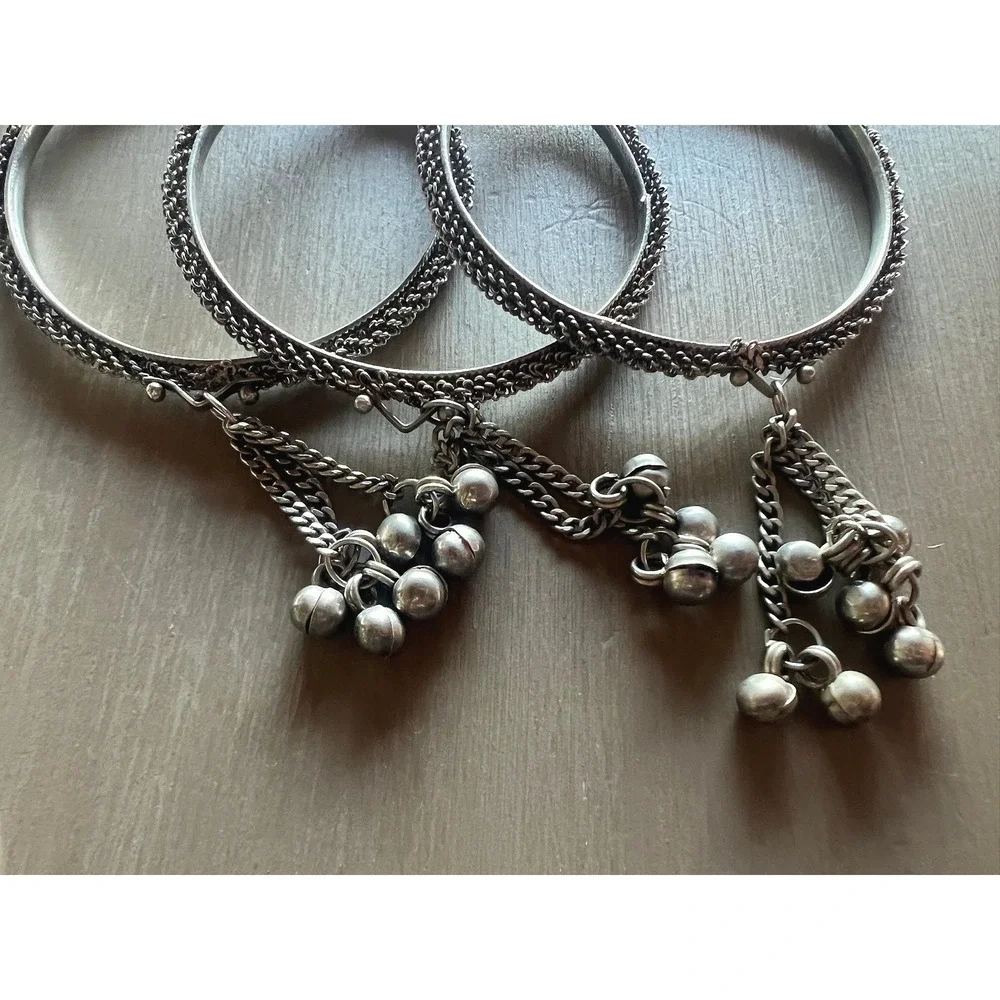 Bangle Bracelet Set 3pc Silver Tone Jingle Bell Charms Boho Ethnic Festival